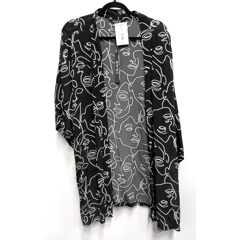 Charlie B Wearable Art Kimono Cardigan Womens XL Black Abstract Face Print New